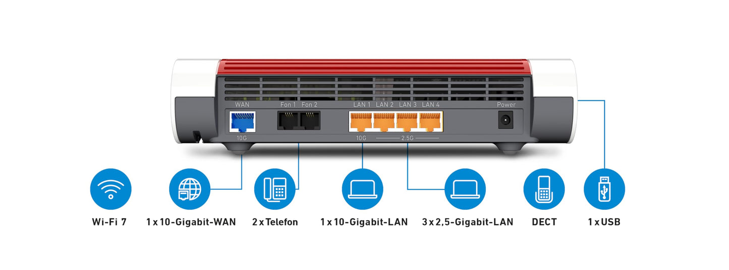 FRITZ Box 4690 Wi-Fi 7 Router – 10-Gigabit WAN/LAN, 3x 2,5-Gigabit LAN, DECT-Basis, WLAN Mesh, Glasfaser kompatibel, weiß/rot