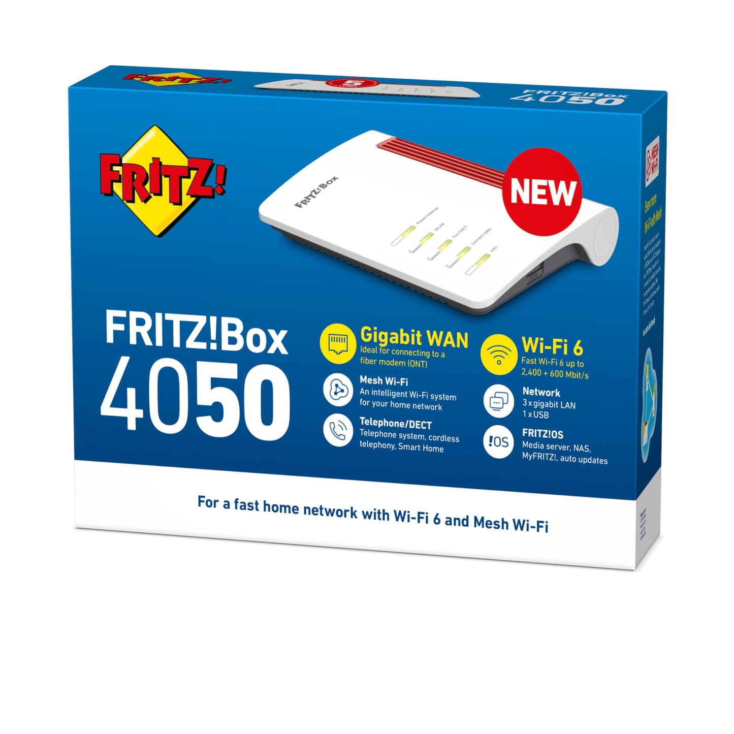 AVM FRITZ!Box 4050 Router Wi-Fi 6 (bis 3.000 Mbit/s, Dualband, Mesh, DECT, VoIP, USB, VPN, 1x WAN, 3x LAN) – für ONT/Glasfaser-Modem