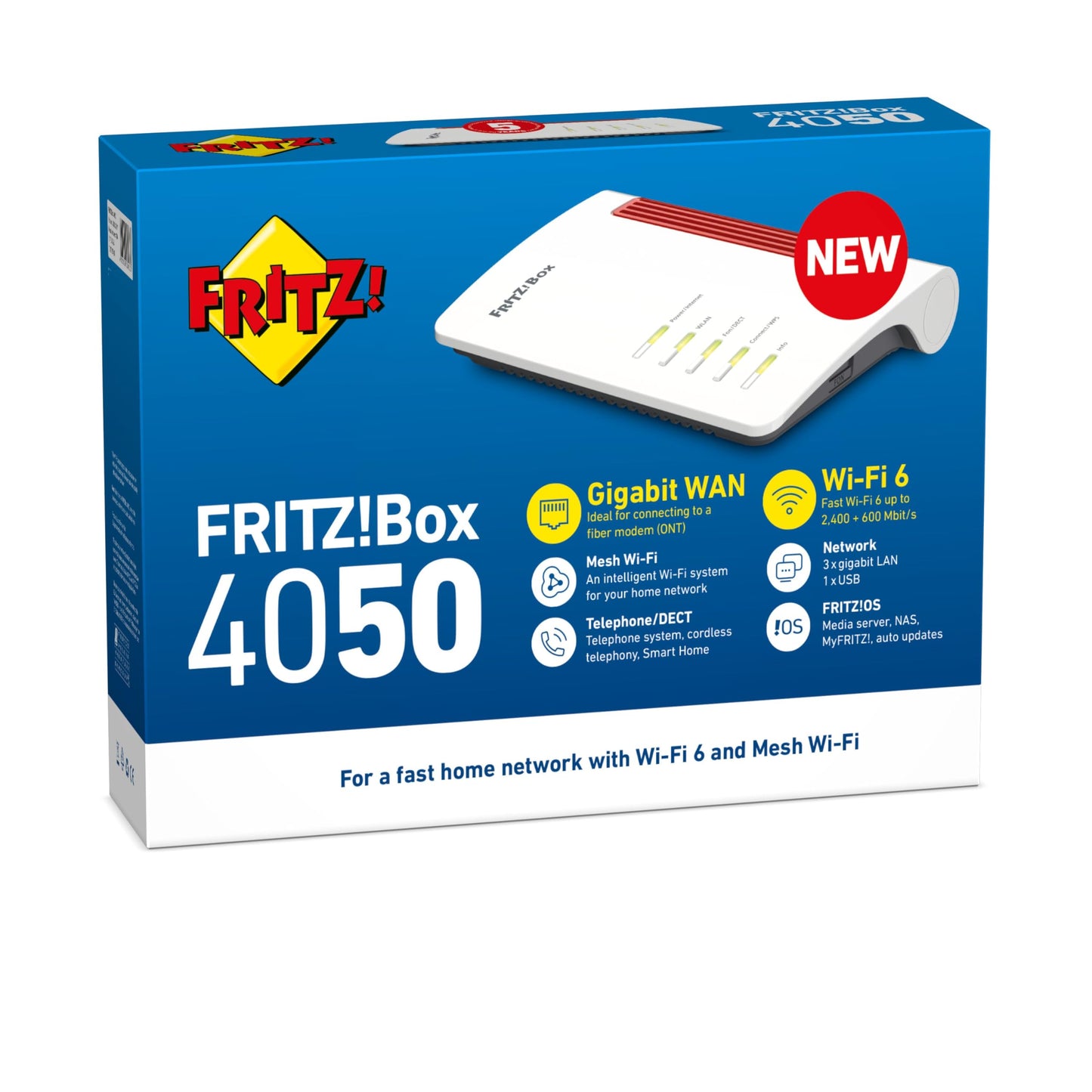 AVM FRITZ!Box 4050 Router Wi-Fi 6 (bis 3.000 Mbit/s, Dualband, Mesh, DECT, VoIP, USB, VPN, 1x WAN, 3x LAN) – für ONT/Glasfaser-Modem