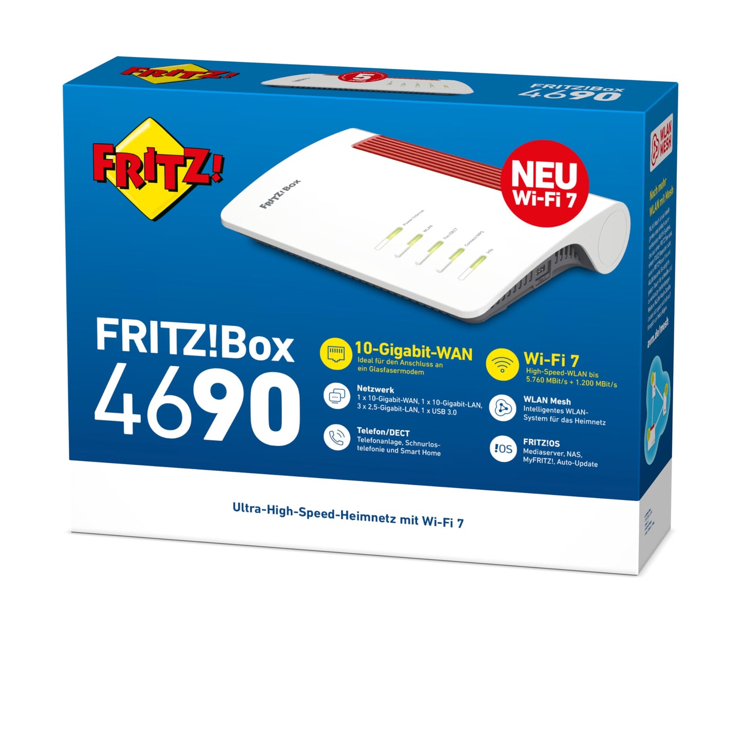 FRITZ Box 4690 Wi-Fi 7 Router – 10-Gigabit WAN/LAN, 3x 2,5-Gigabit LAN, DECT-Basis, WLAN Mesh, Glasfaser kompatibel, weiß/rot