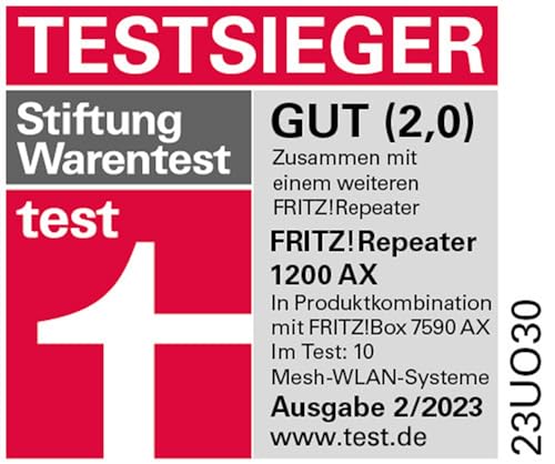 FRITZ!Repeater 1200 AX – Wi-Fi 6 Dualband Repeater (2.400 MBit/s bei 5 GHz + 600 MBit/s bei 2,4 GHz), Mesh-fähig, deutschsprachige Version