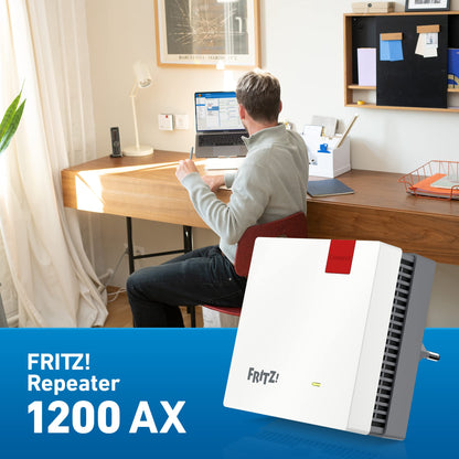 FRITZ!Repeater 1200 AX – Wi-Fi 6 Dualband Repeater (2.400 MBit/s bei 5 GHz + 600 MBit/s bei 2,4 GHz), Mesh-fähig, deutschsprachige Version